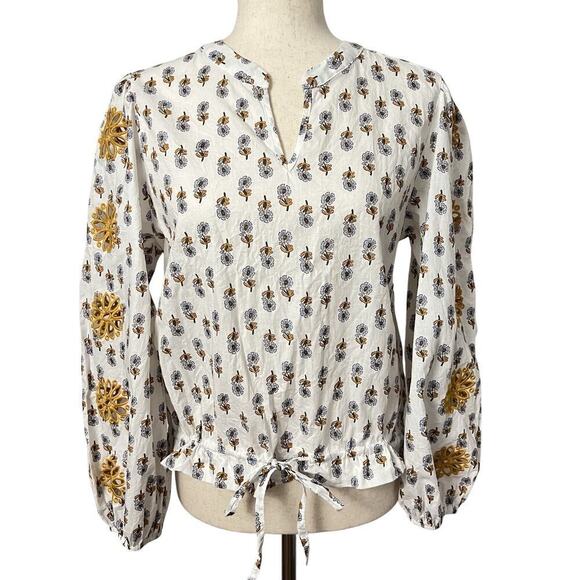 Luna Moon White Floral Blouse Top Yellow Embroidered Flowers Women’s Sz M Boho - Picture 1 of 10